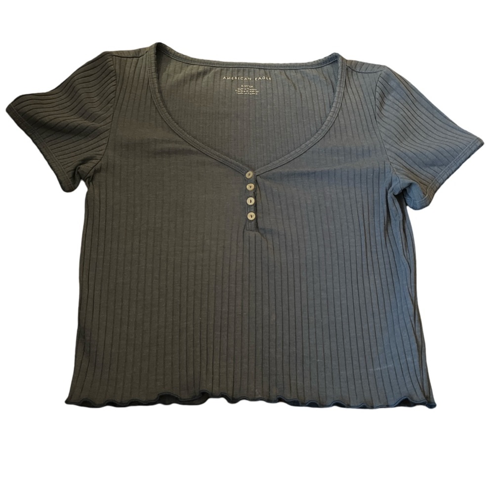 Green Ribbed Button-Front Top